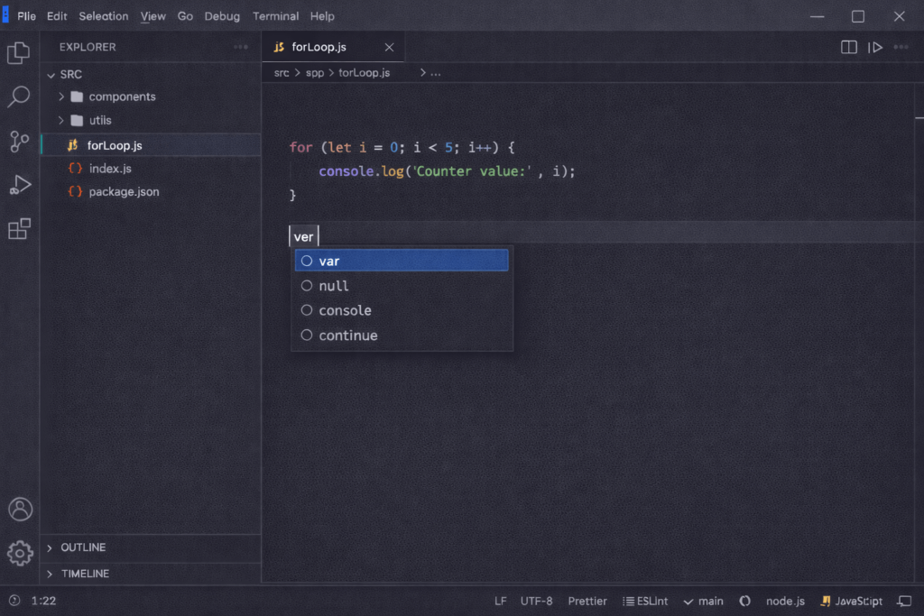 繰り返し処理の基本：forループとカウンター変数（VSCODE画面）