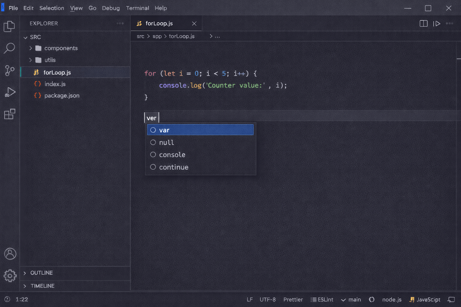 繰り返し処理の基本:forループとカウンター変数(VSCODE画面)
