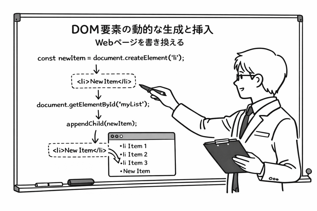 DOM要素の動的な生成と挿入-Webページを書き換えるをホワイトボードで説明する男性