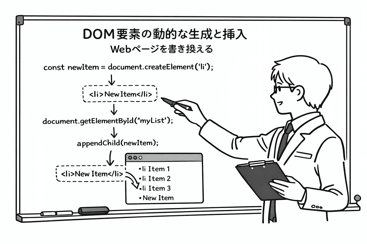 DOM要素の動的な生成と挿入-Webページを書き換えるをホワイトボードで説明する男性