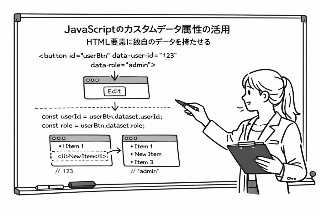 HTML要素に独自のデータを持たせるをホワイトボードで説明している女性