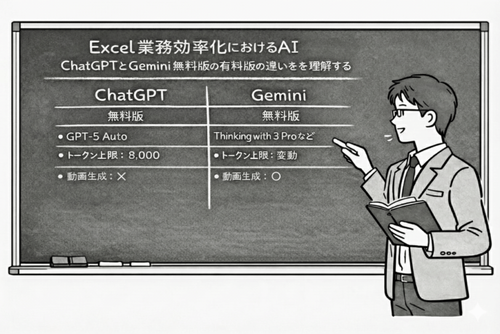 ChatGPTとGemini無料版の賢い使い分けを黒板で説明する男性