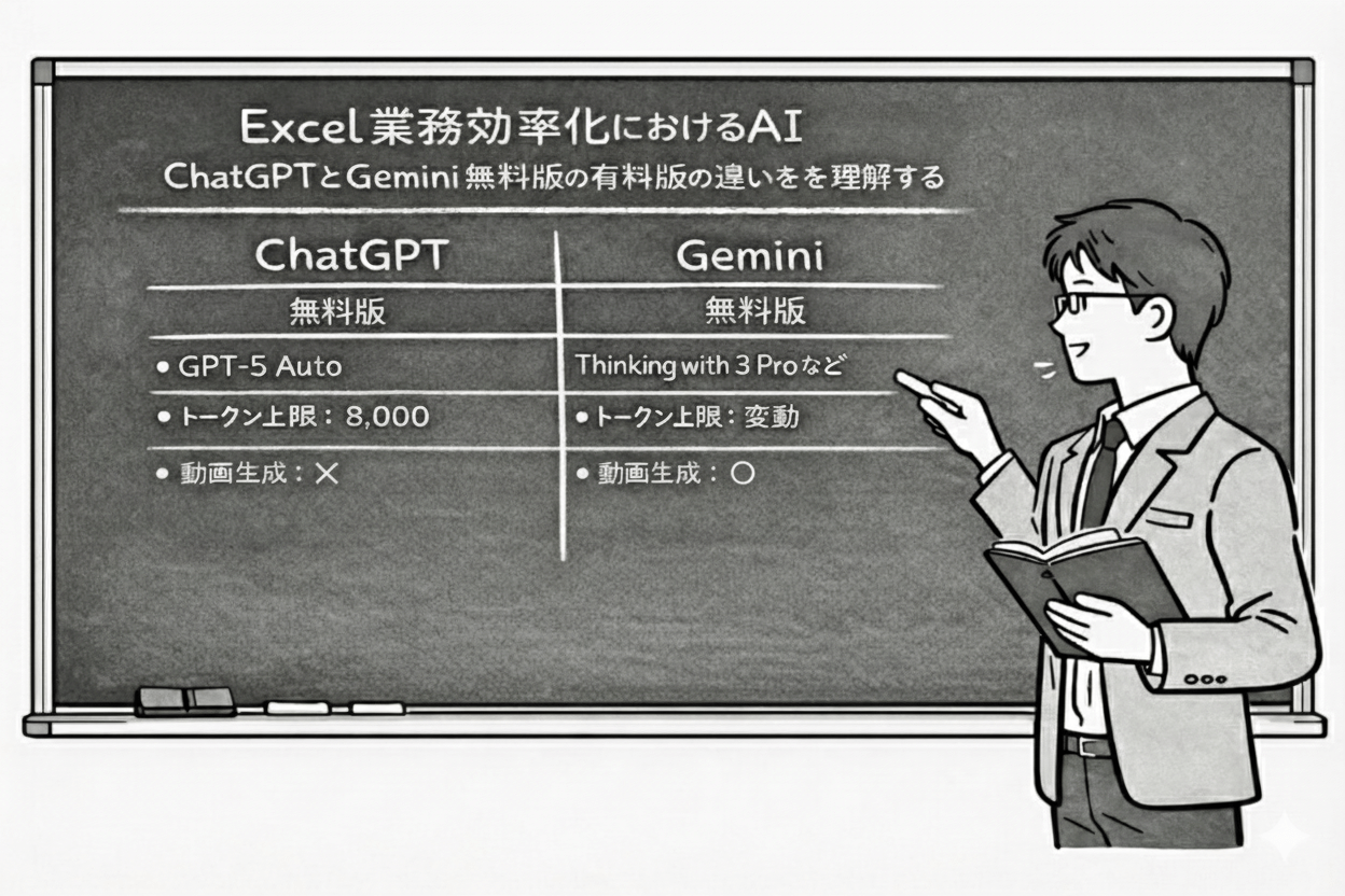 ChatGPTとGemini無料版の賢い使い分けを黒板で説明する男性