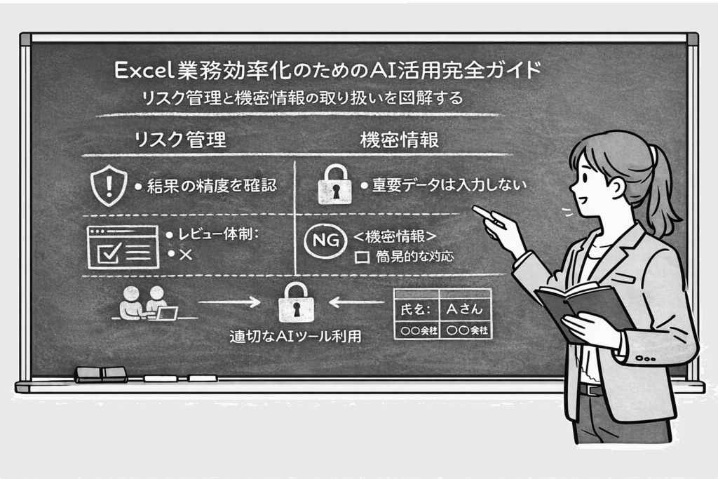 リスク管理と機密情報の取り扱いを黒板で説明する女性