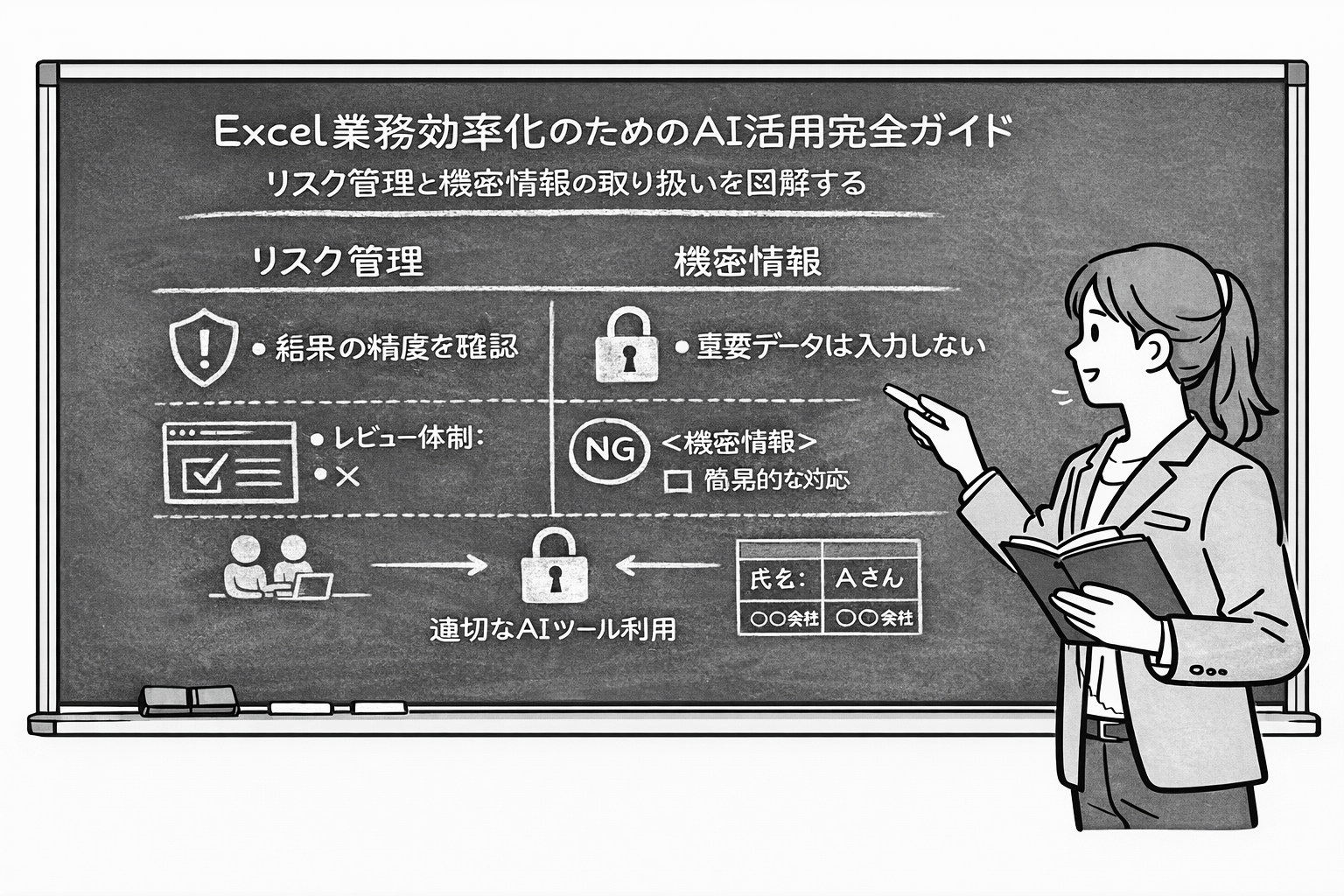 リスク管理と機密情報の取り扱いを黒板で説明する女性