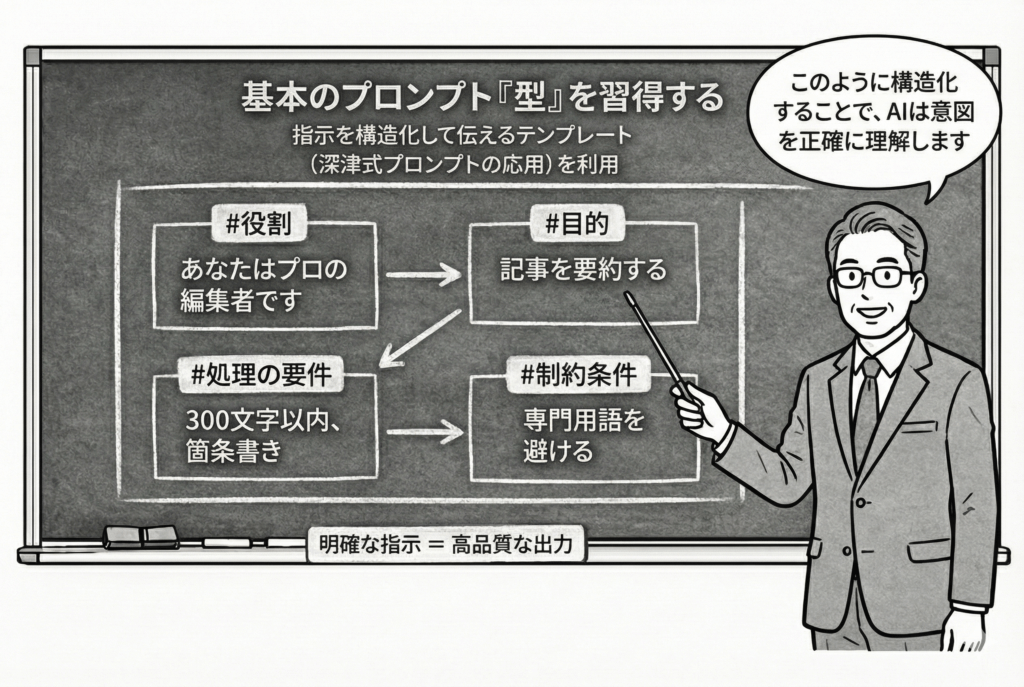 プロンプトエンジニアリングの基礎を黒板で説明する男性