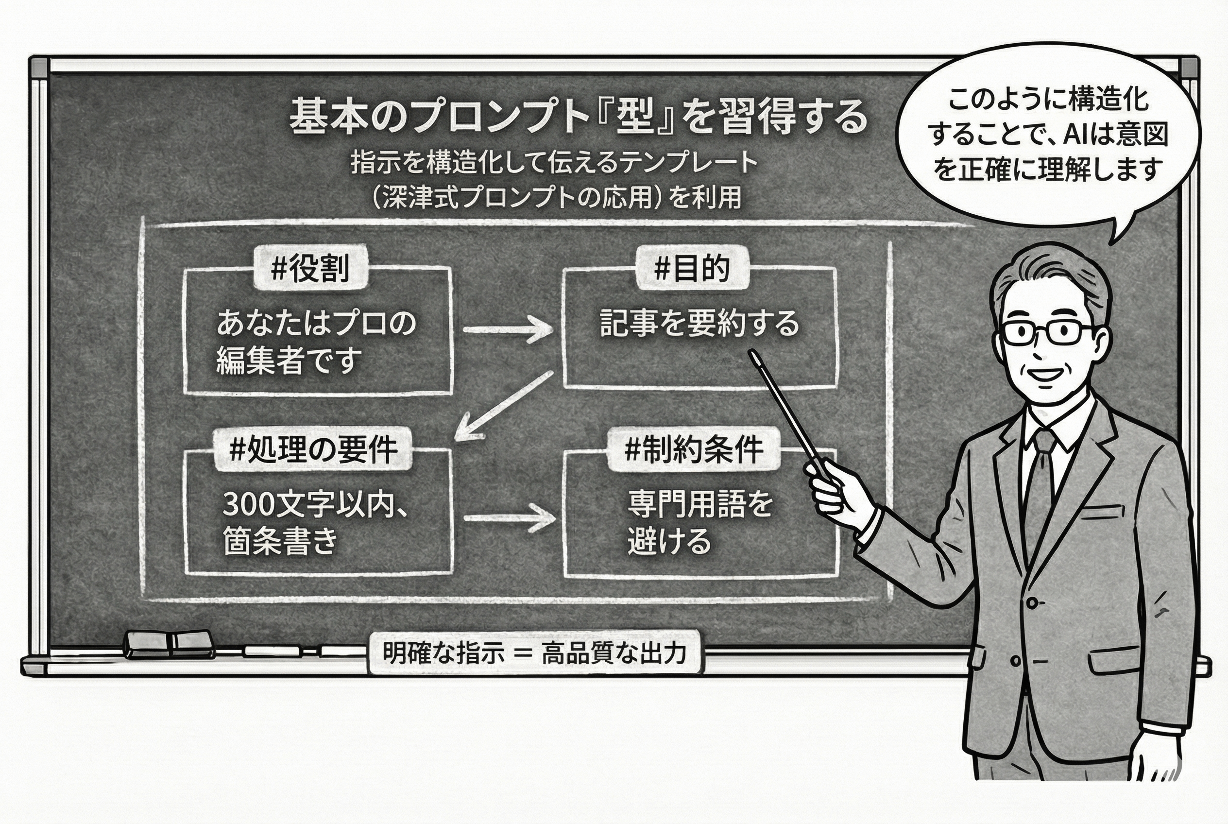 プロンプトエンジニアリングの基礎を黒板で説明する男性