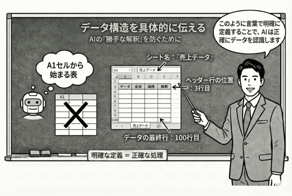 AIにデータ構造を具体的に伝えるを解説する男性
