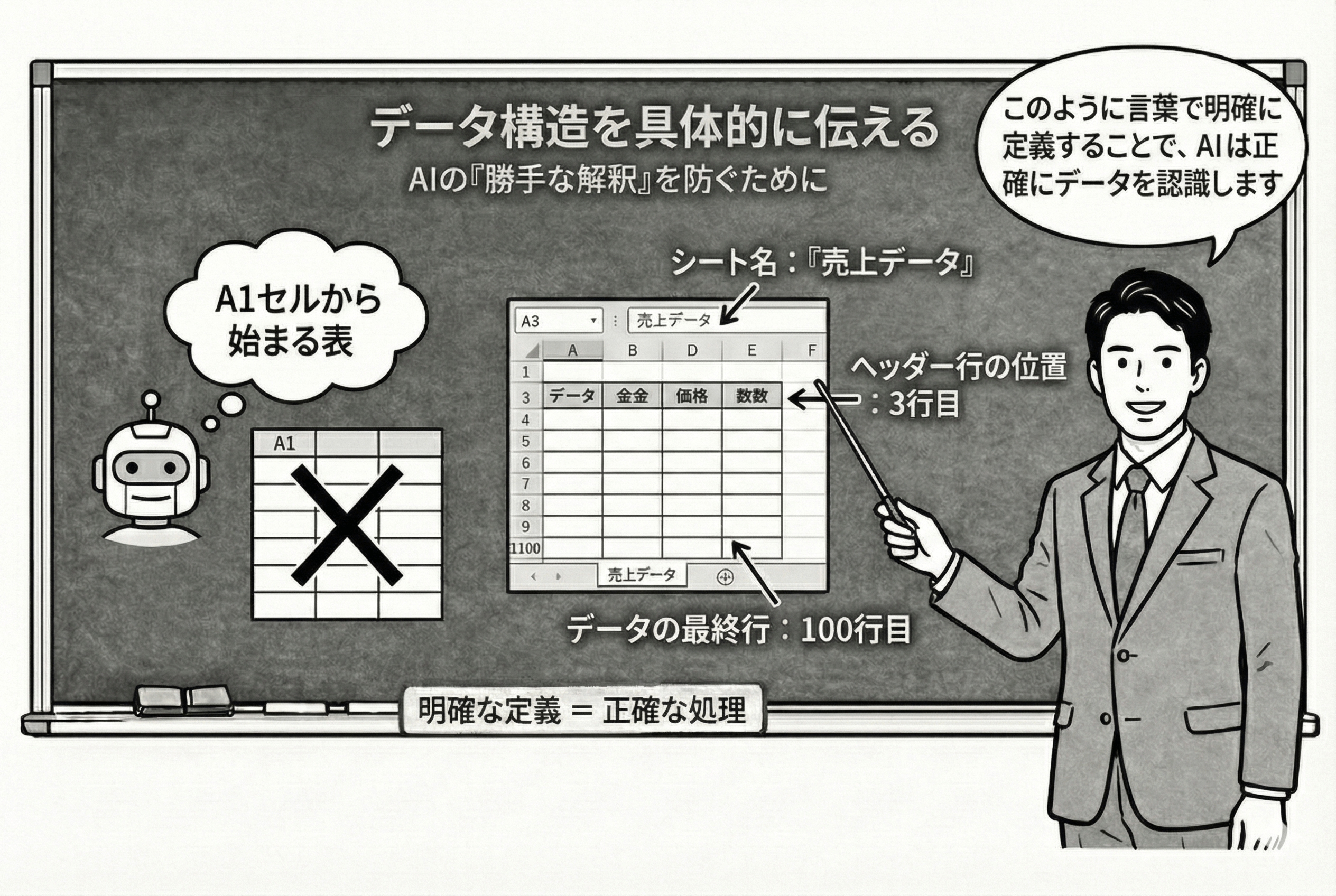 AIにデータ構造を具体的に伝えるを解説する男性