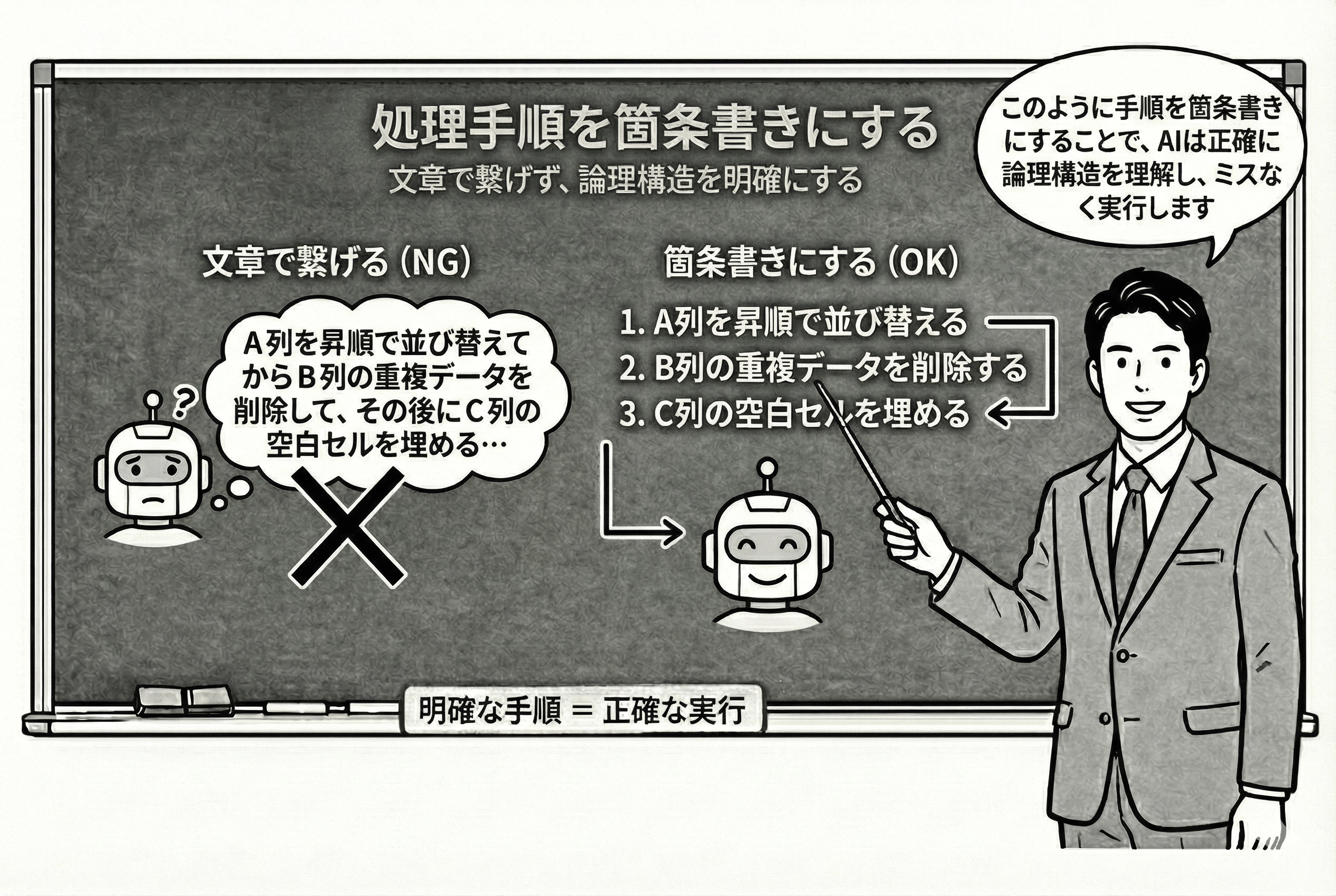 処理手順を箇条書きにするを黒板で図解する男性サラリーマン