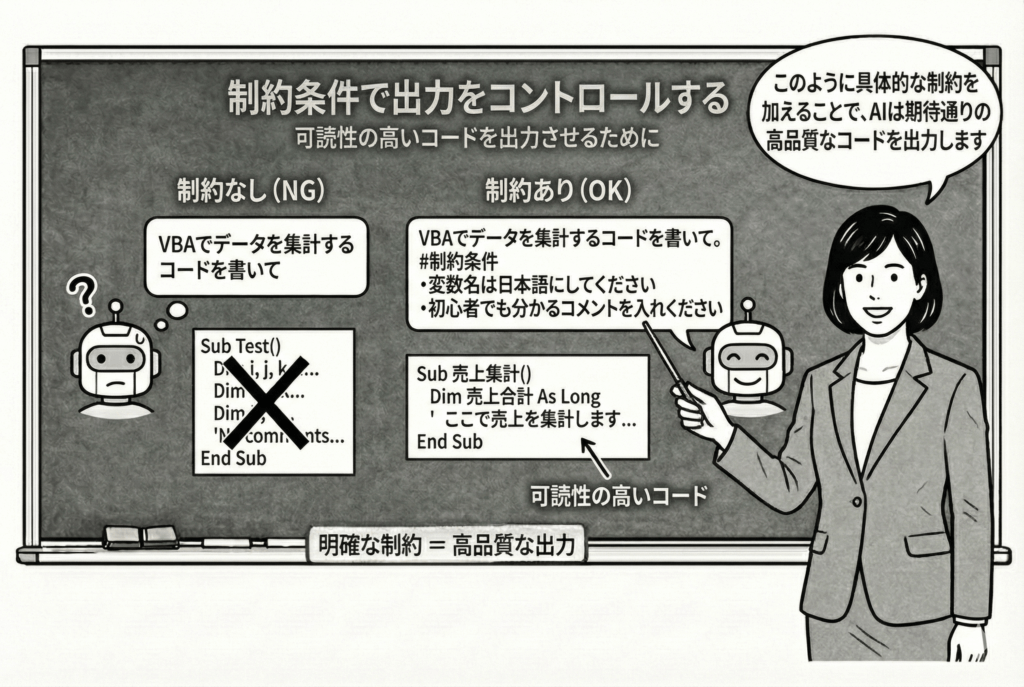 制約条件による出力コントロール解説する女性
