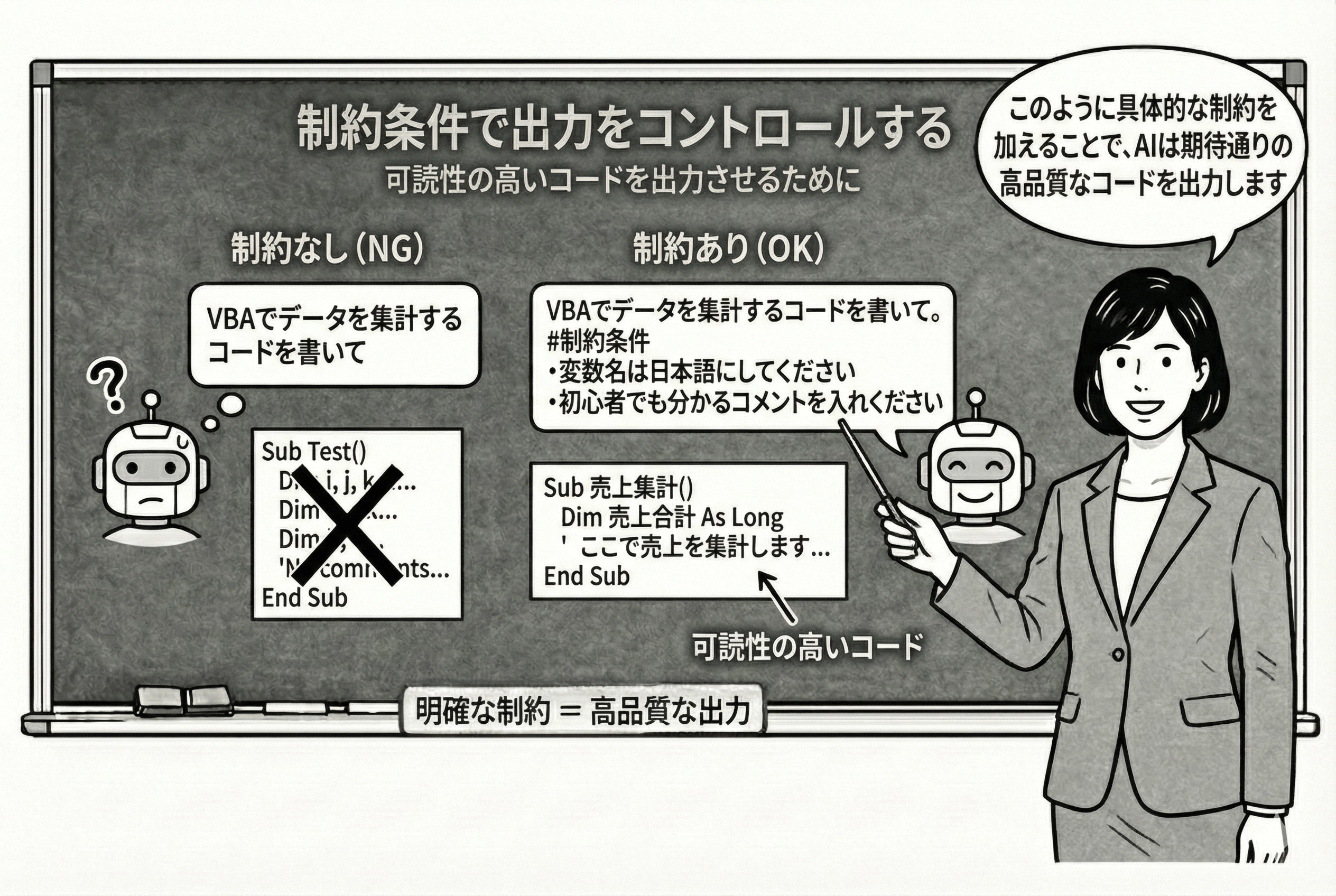 制約条件による出力コントロール解説する女性