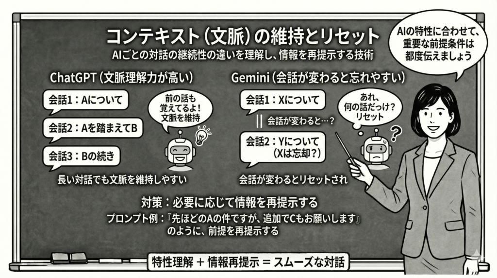 コンテキストの維持とリセットを図解する女性