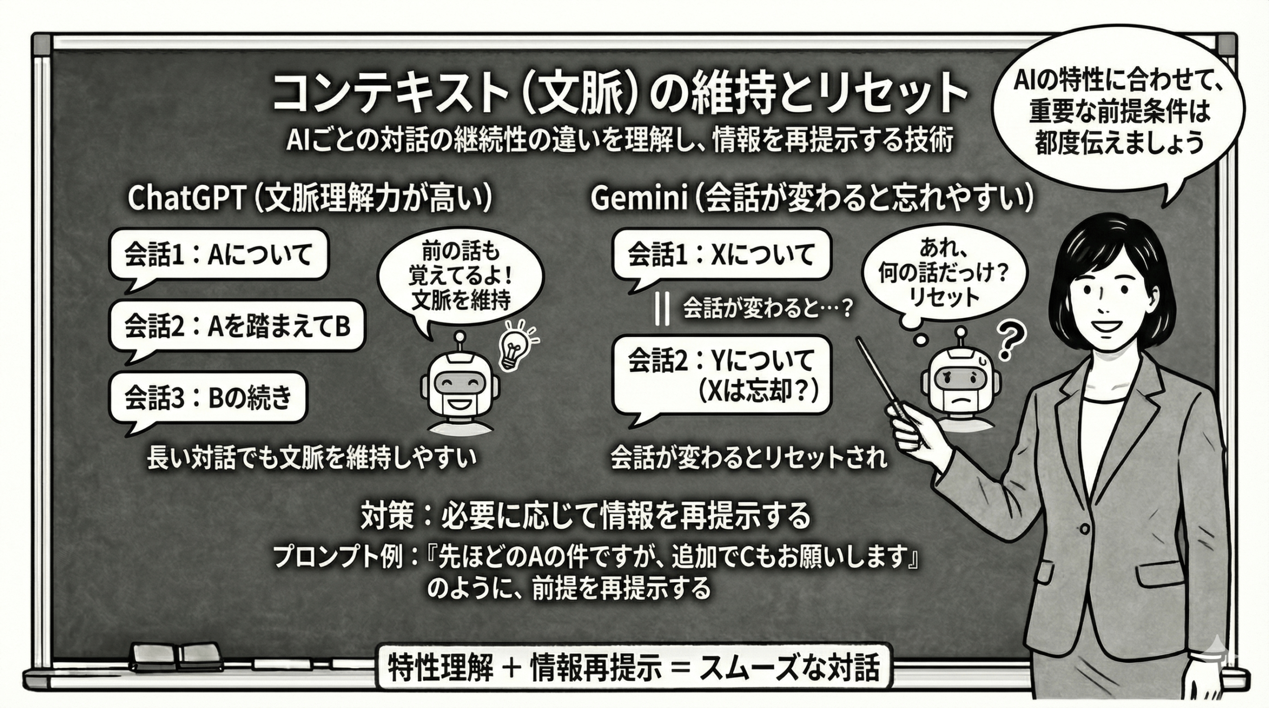コンテキストの維持とリセットを図解する女性