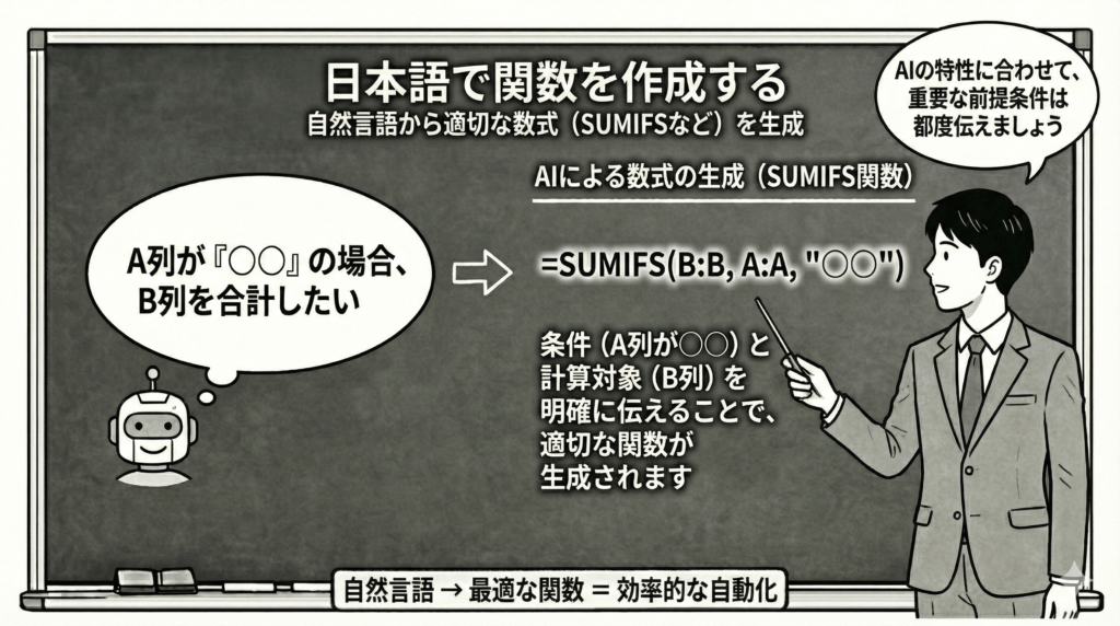 日本語で関数を作成する技術を説明している男性