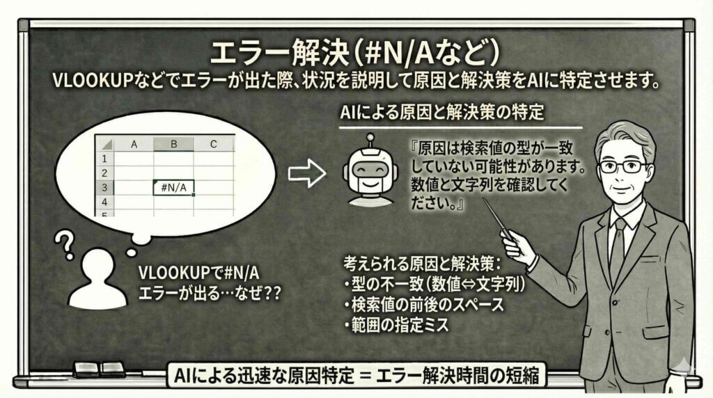 エラー解決（#N/Aなど） VLOOKUPなどでエラーについて解説する男性