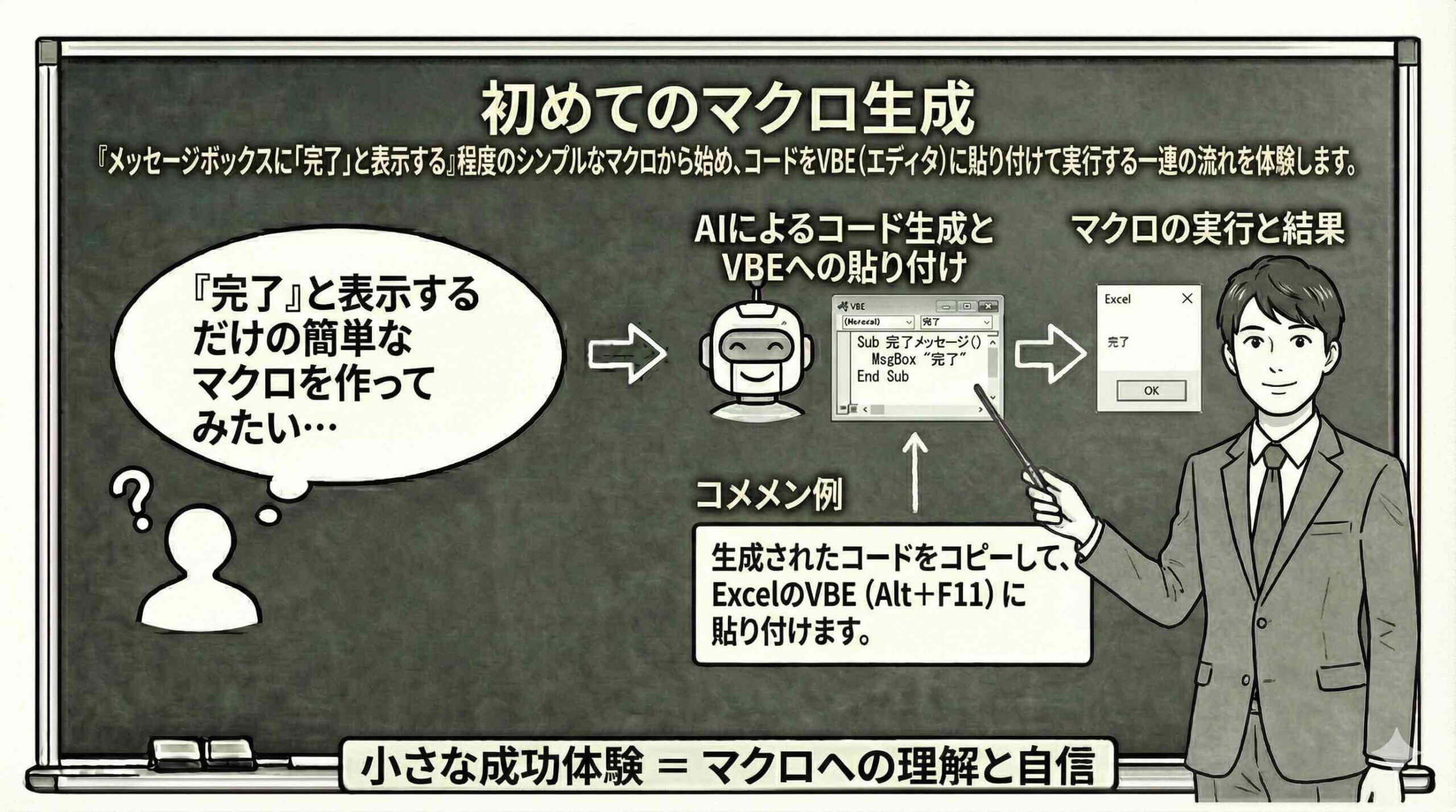初めてのマクロ生成 「メッセージボックスに『完了』と表示する」程度のシンプルなマクロから始め、コードをVBE(エディタ)に貼り付けて実行する一連の流れを説明している男性