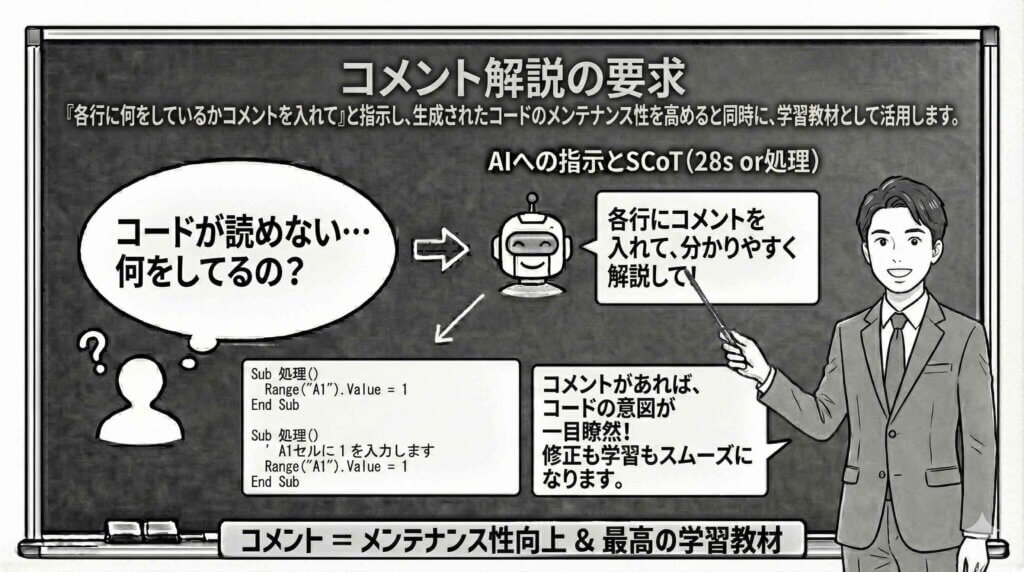 コメント解説の要求を説明している男性