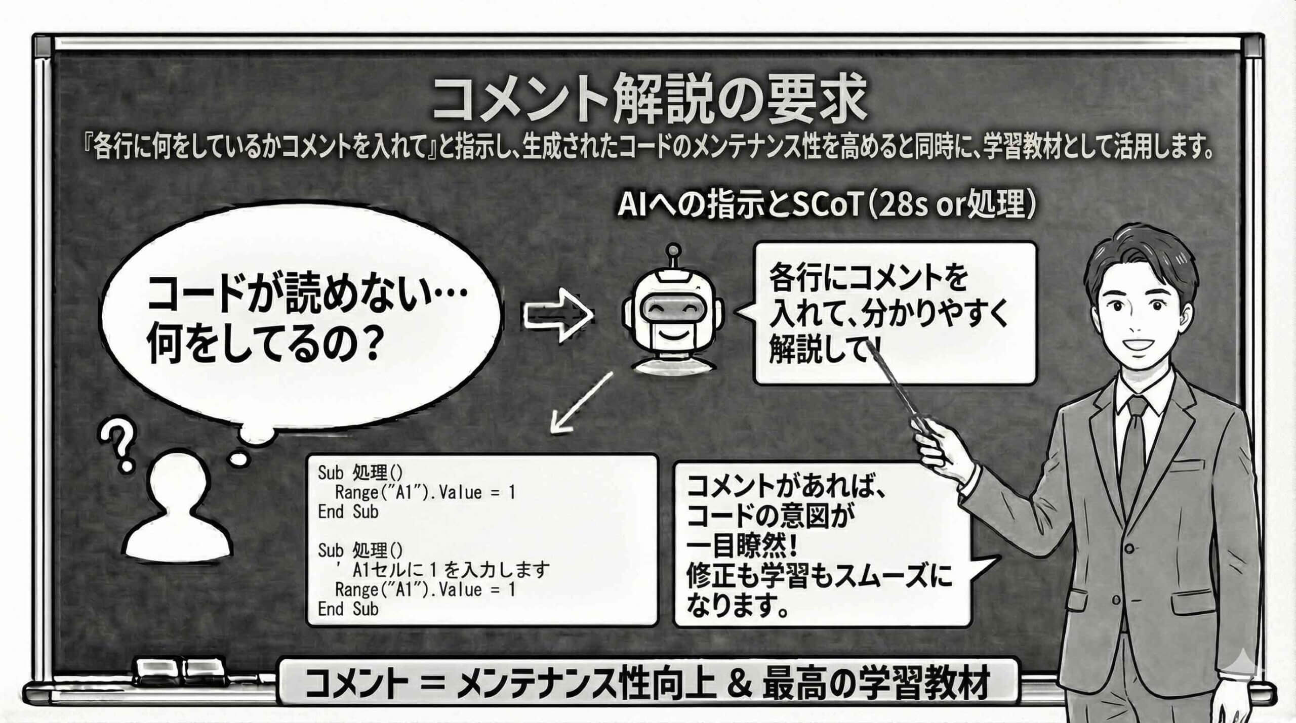 コメント解説の要求を説明している男性