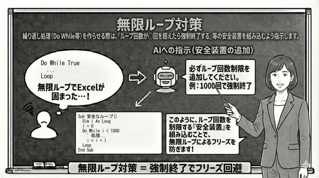 無限ループ対策と安全装置の実装を説明している女性