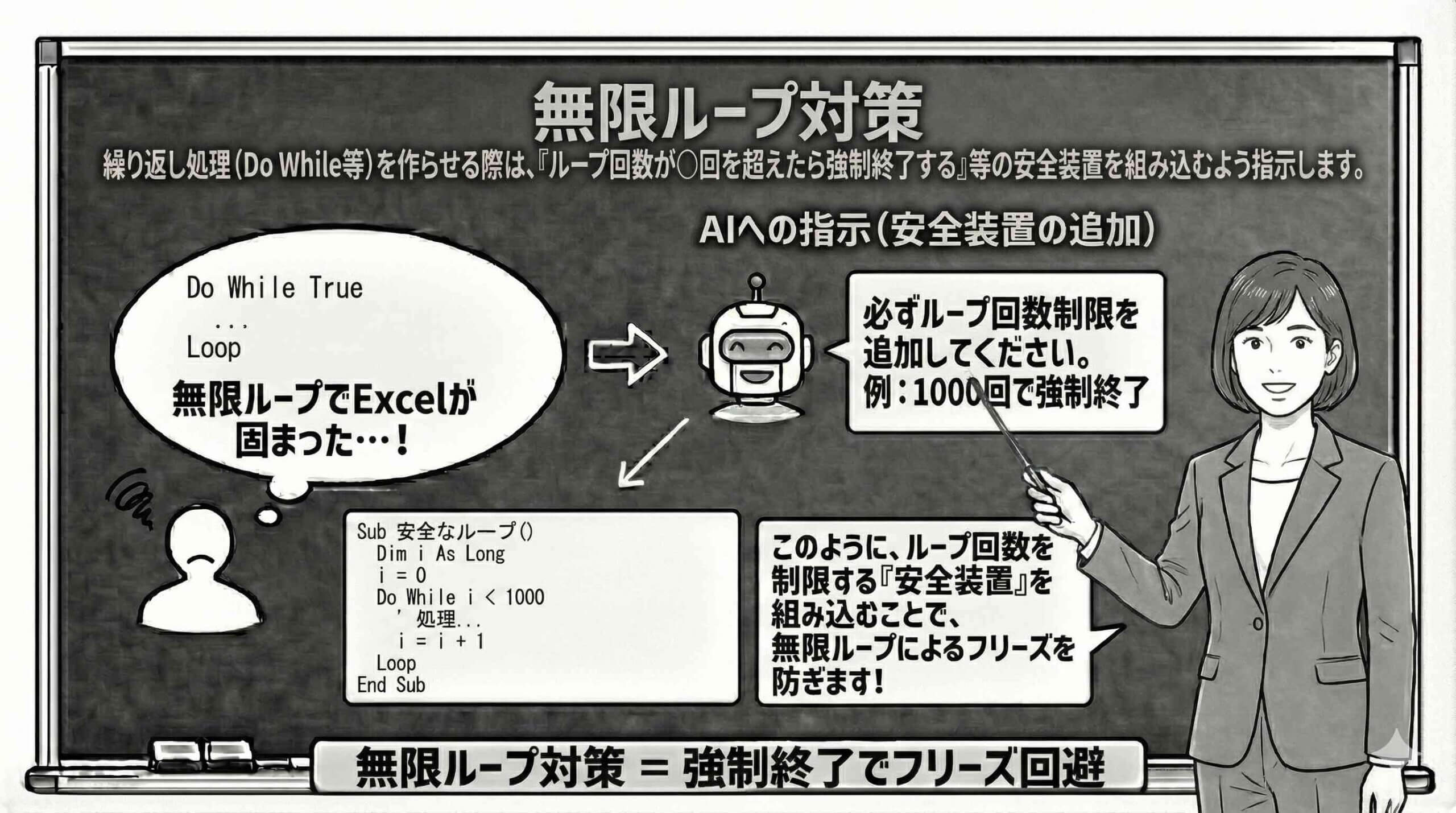 無限ループ対策と安全装置の実装を説明している女性