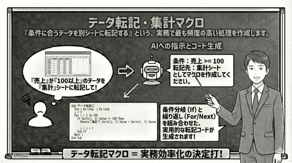 データ転記・集計マクロ-条件に合うデータを別シートに転記を説明する男性