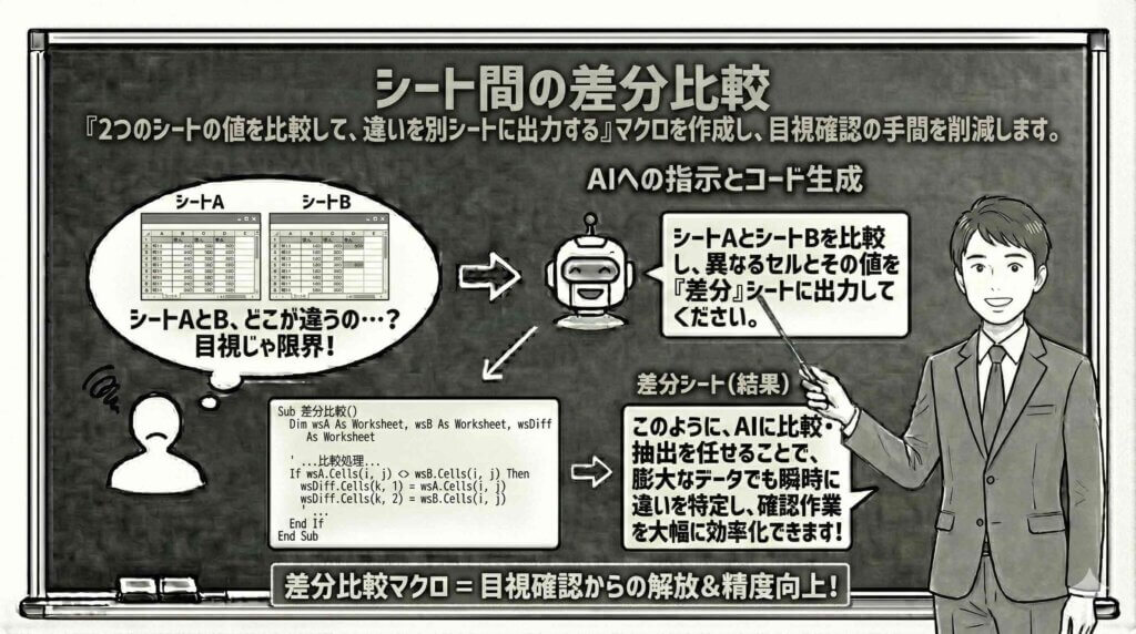 シートの値を比較して、違いを別シートに出力を説明している男性