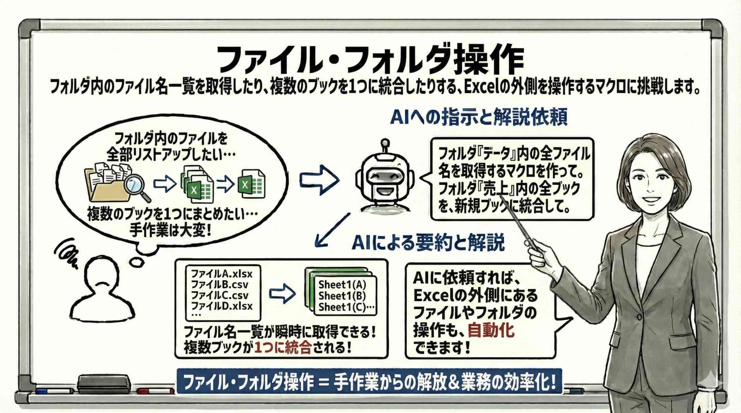 ファイル・フォルダ操作とデータ統合の自動化を説明している女性