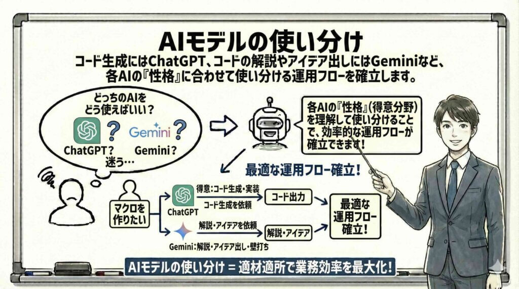 最強のVBA開発体制を築く「AIモデル使い分け」戦略を説明している女性