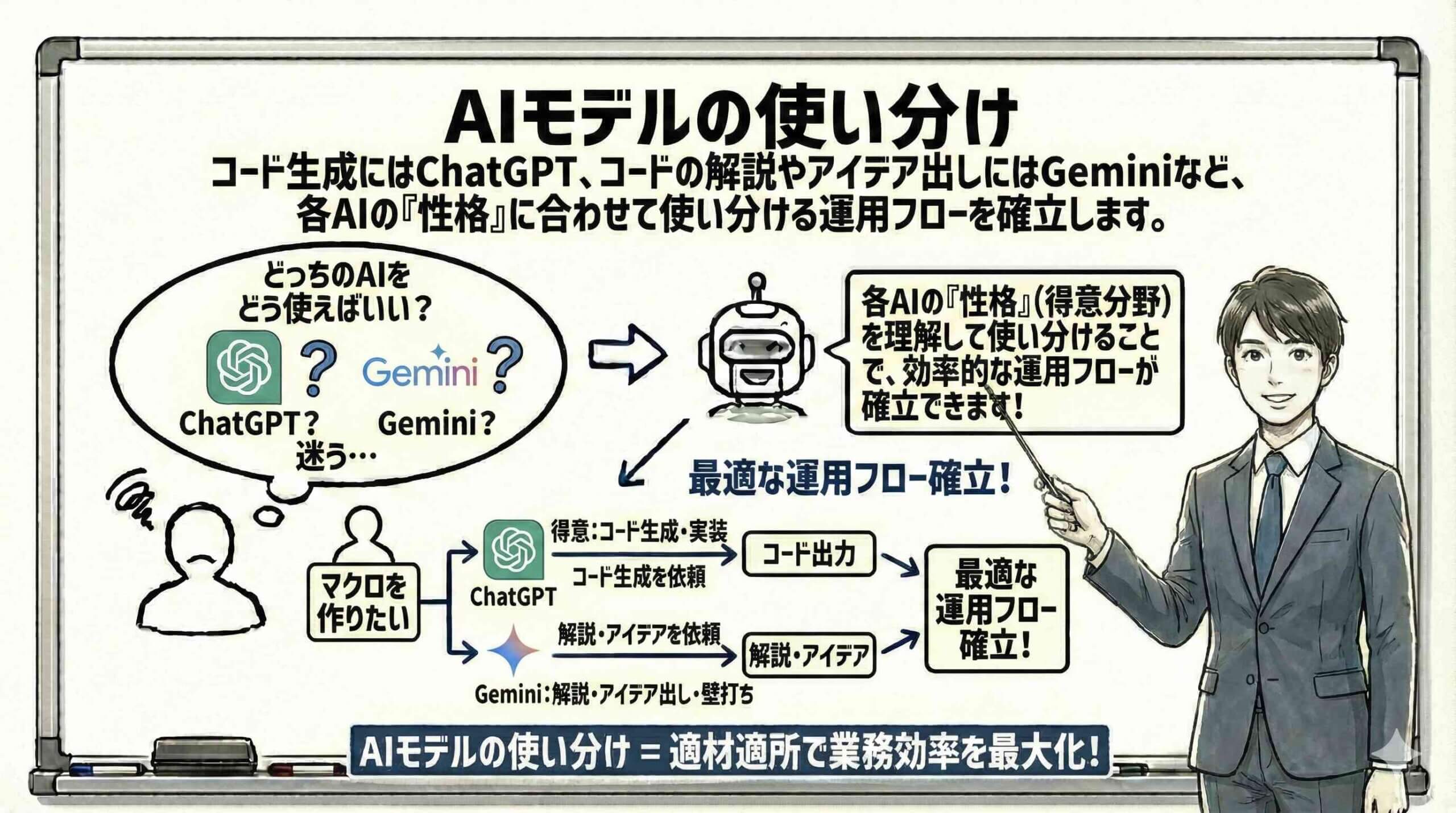 最強のVBA開発体制を築く「AIモデル使い分け」戦略を説明している女性