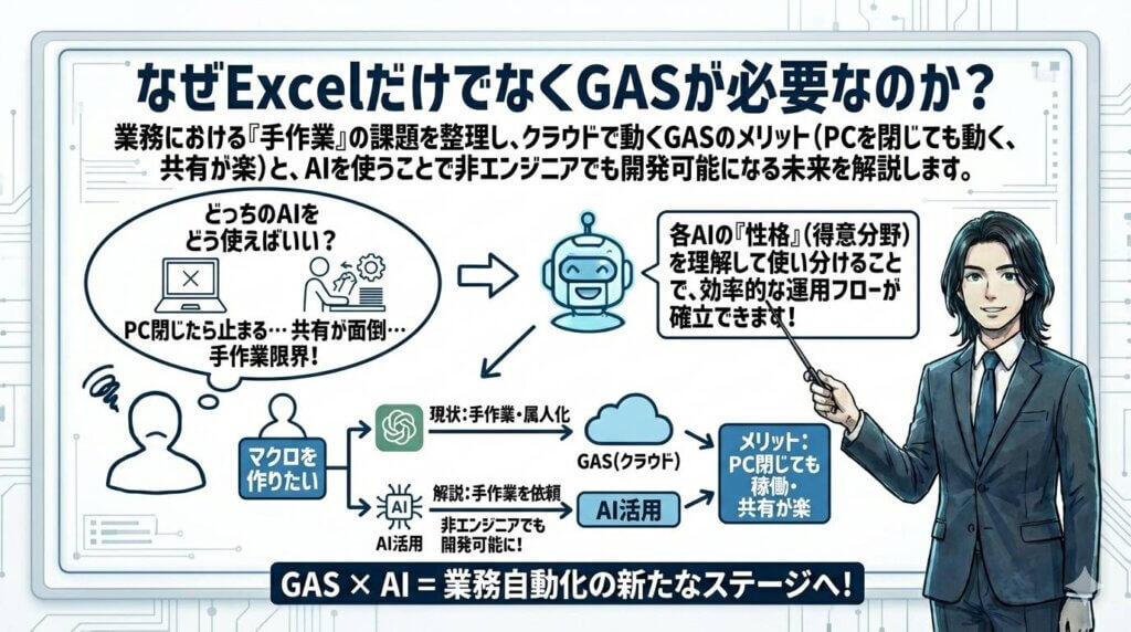 なぜExcelだけでなくGASが必要なのか？を解説する男性