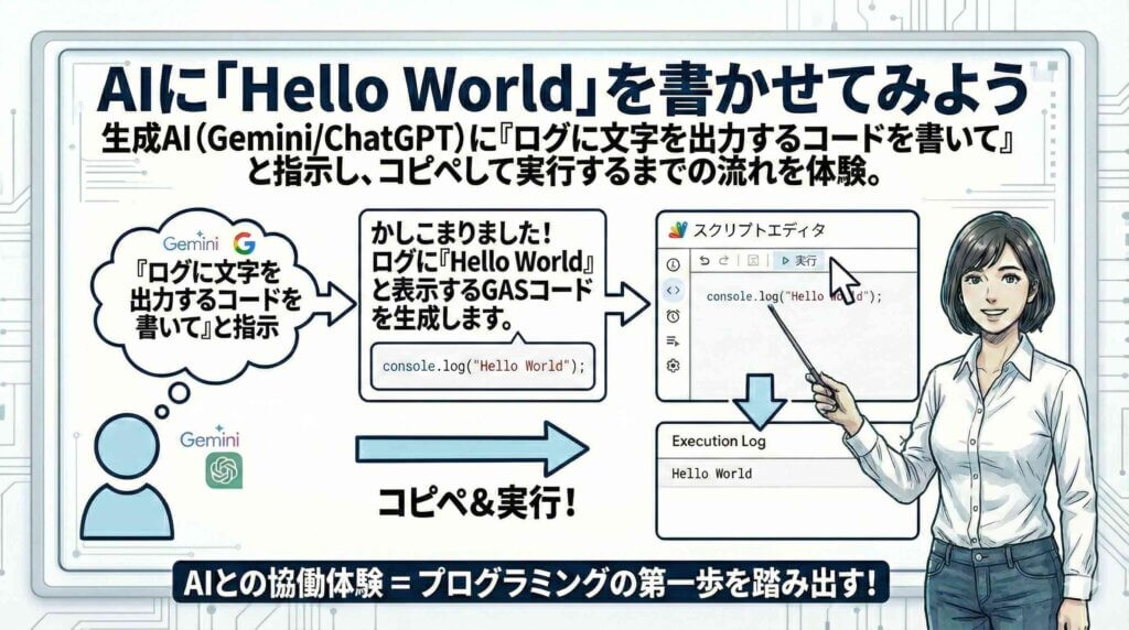 AIに「Hello World」を書かせてみよう。を解説する女性