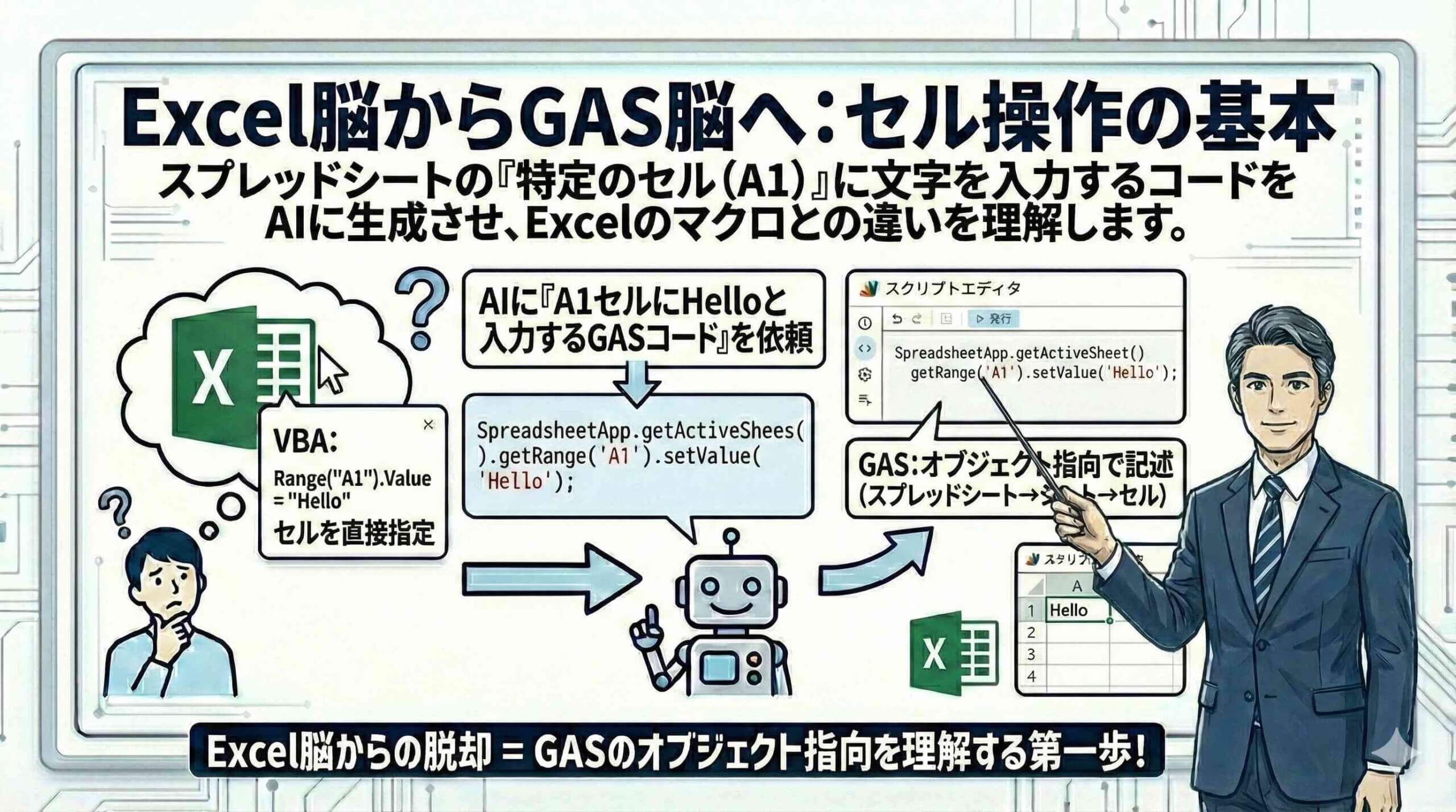 Excel脳からGAS脳へ-セル操作の基本を図解する男性