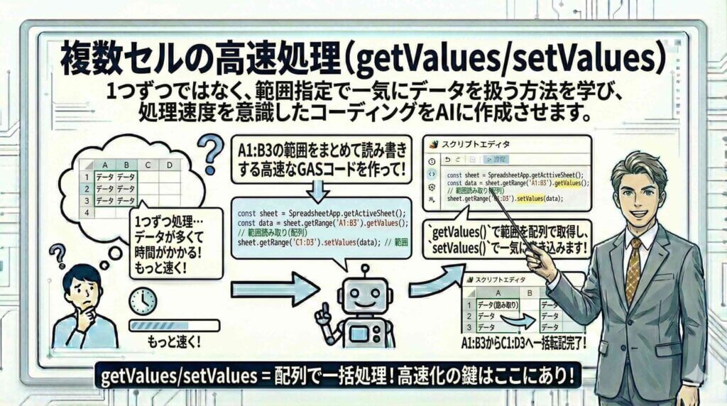 複数セルの高速処理（getValues-setValues）を図解する男性