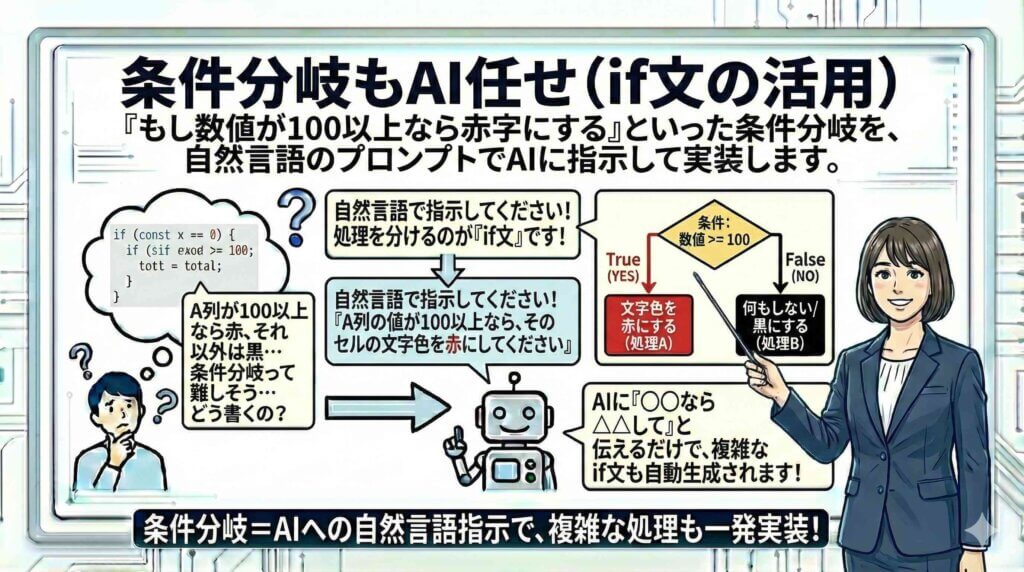条件分岐もAI任せ（if文の活用）を開設している女性