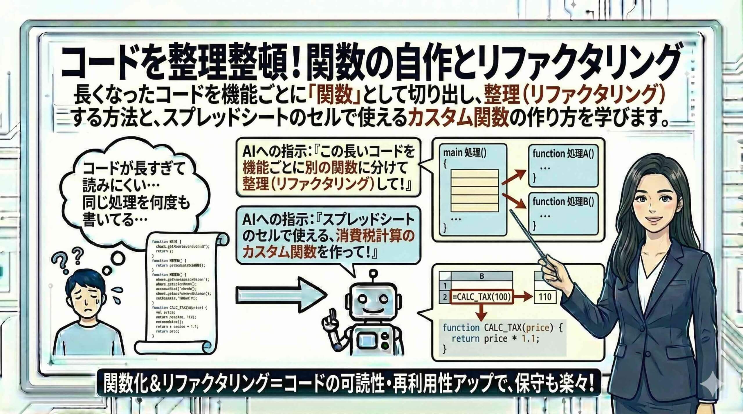 コードを整理整頓！関数の自作とリファクタリングを図解する女性