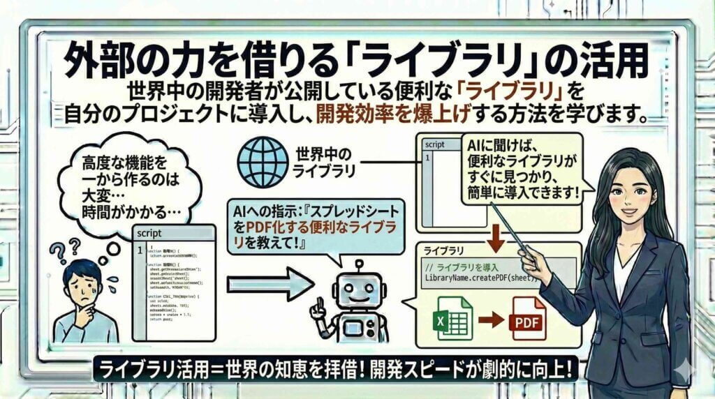 外部の力を借りる「ライブラリ」の活用を説明する女性