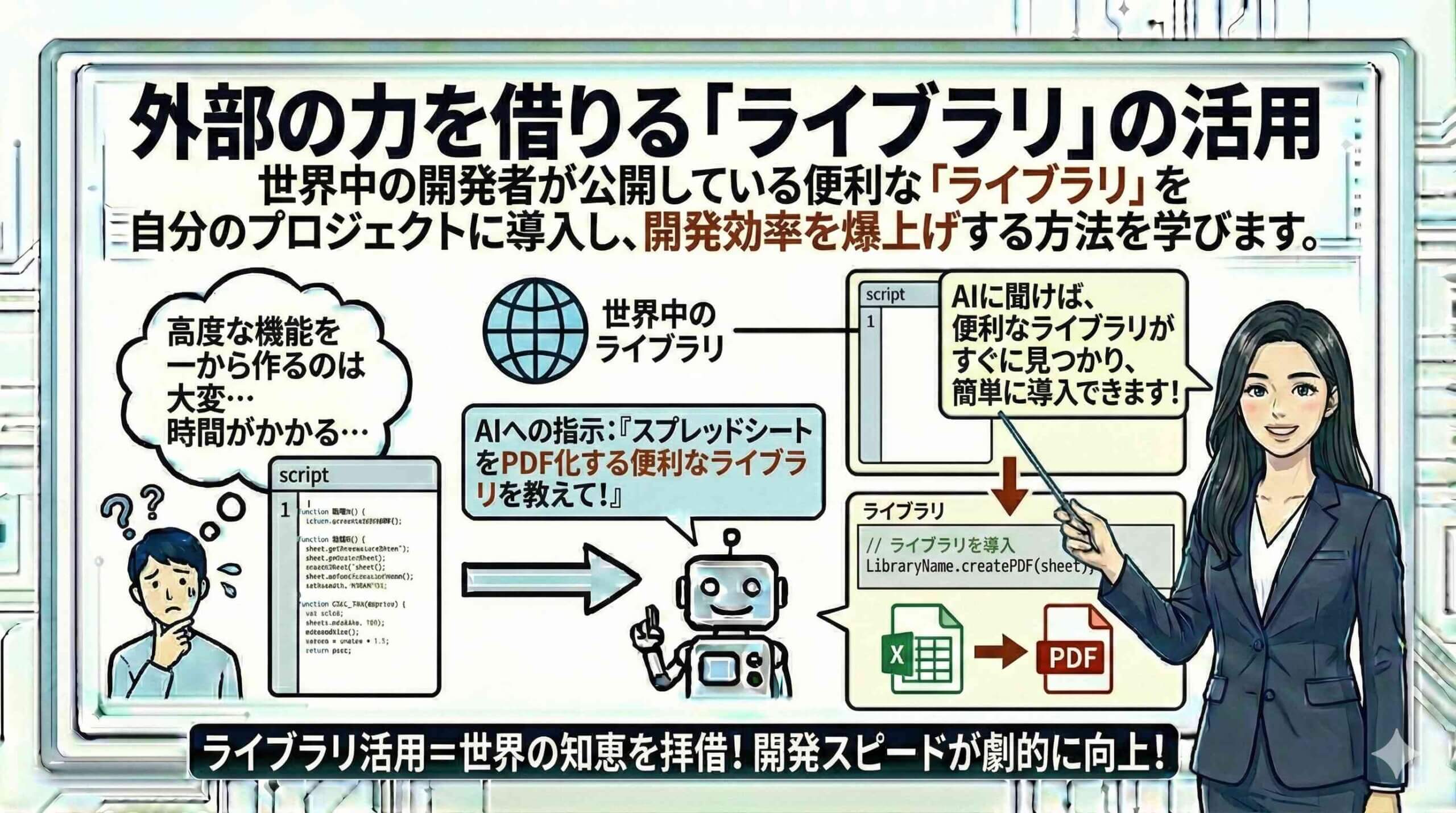外部の力を借りる「ライブラリ」の活用を説明する女性