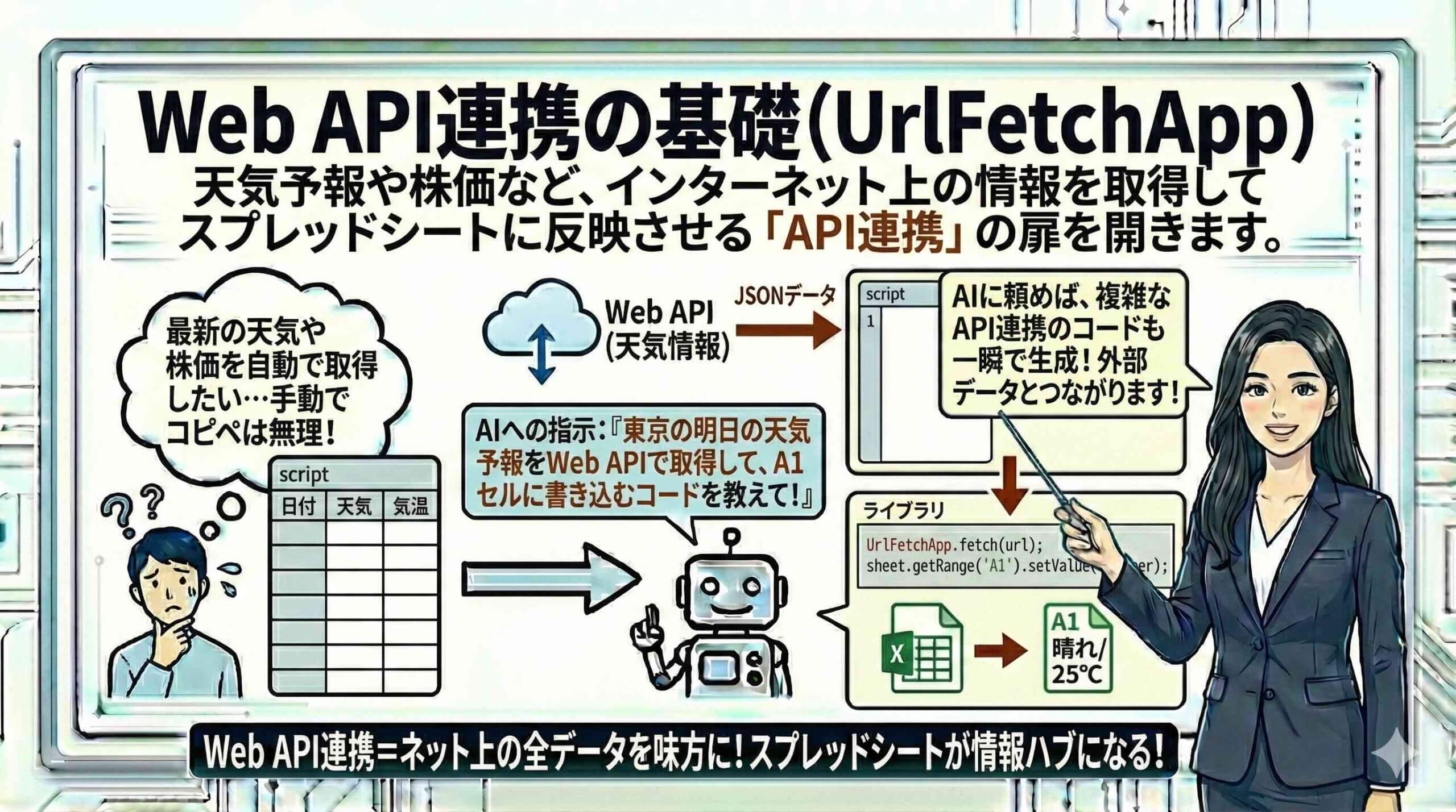 Web API連携の基礎（UrlFetchApp）を説明する女性