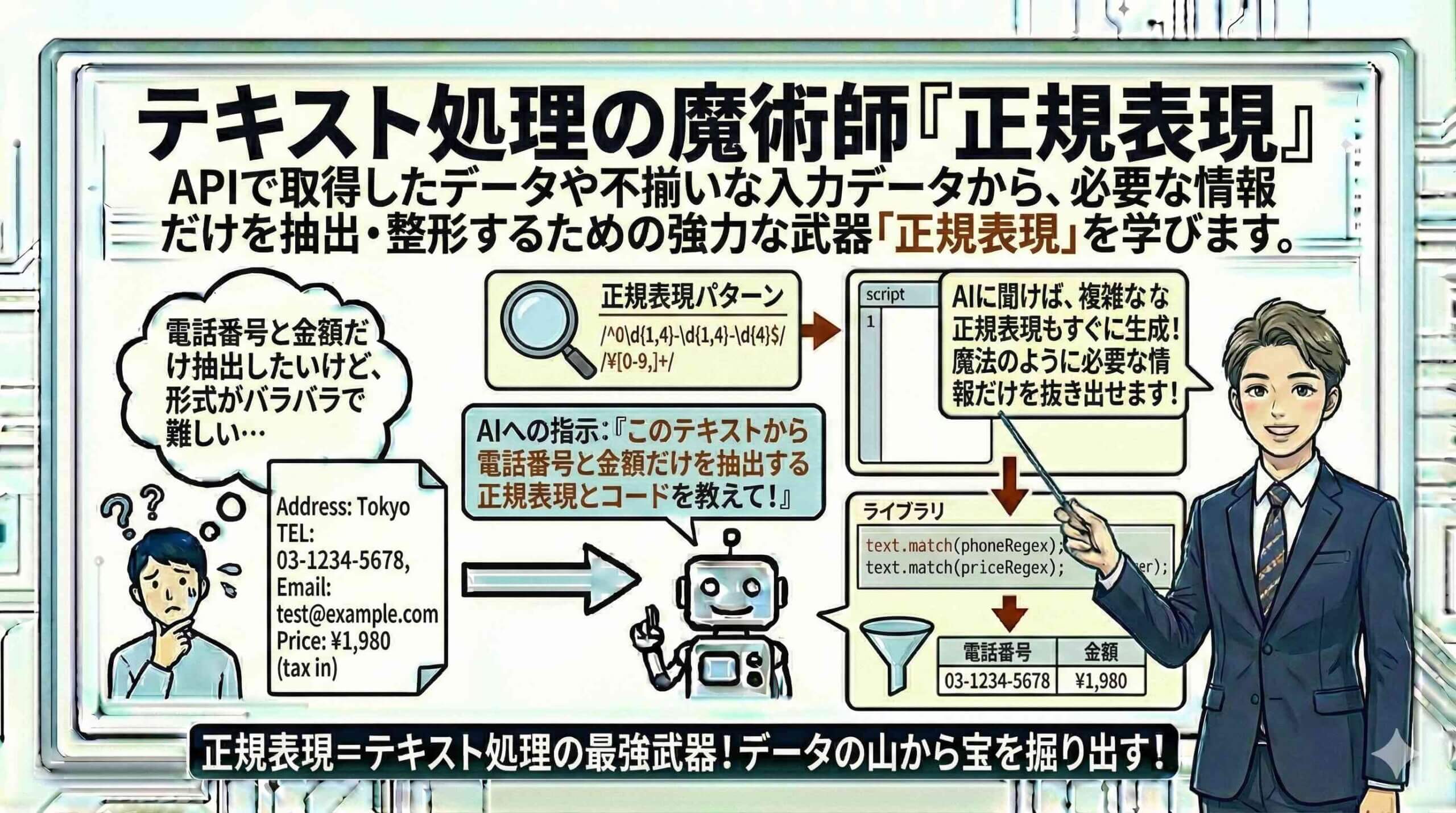 テキスト処理の魔術師『正規表現』を説明している男性