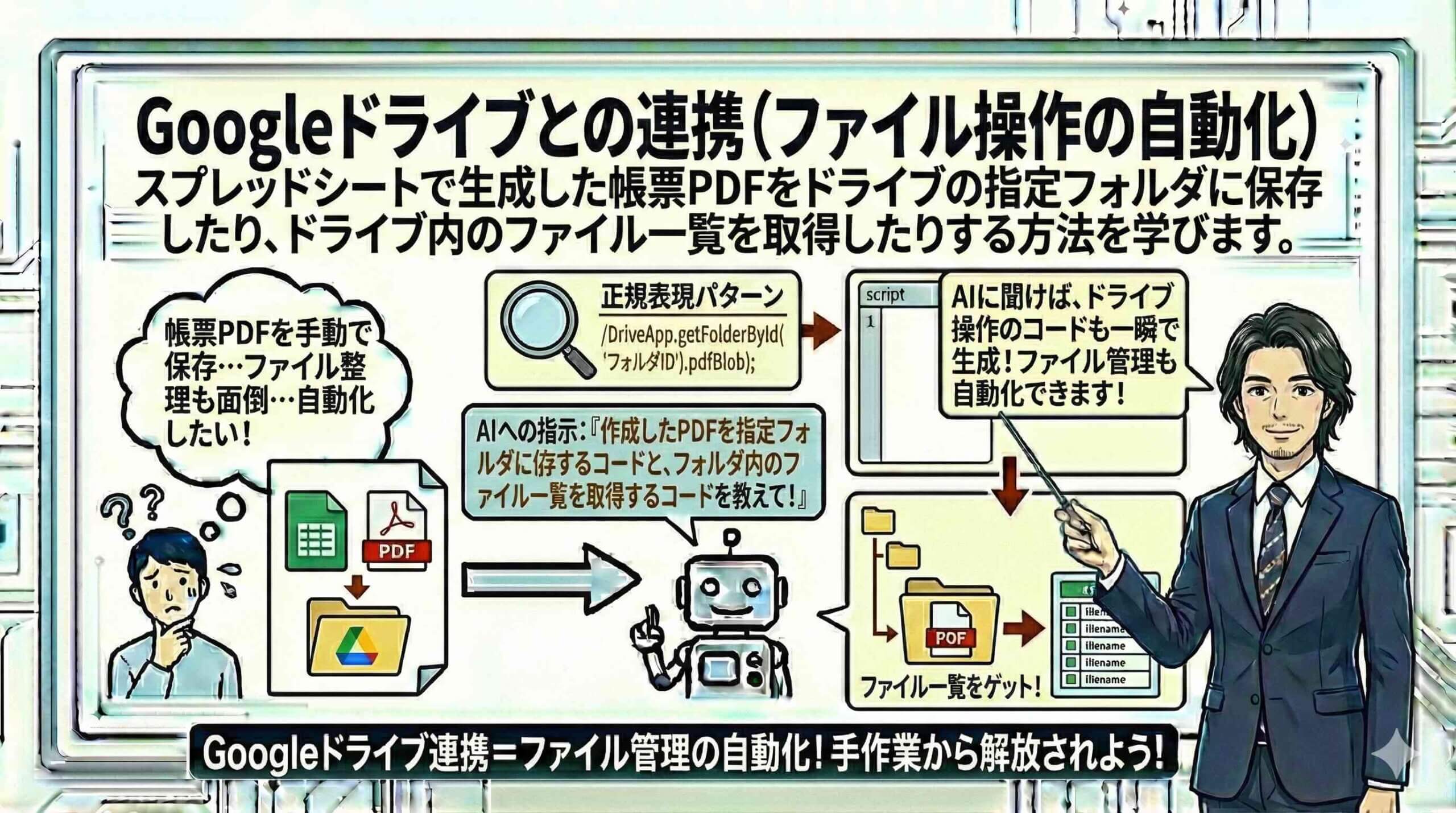 Googleドライブとの連携（ファイル操作の自動化）を図解している男性