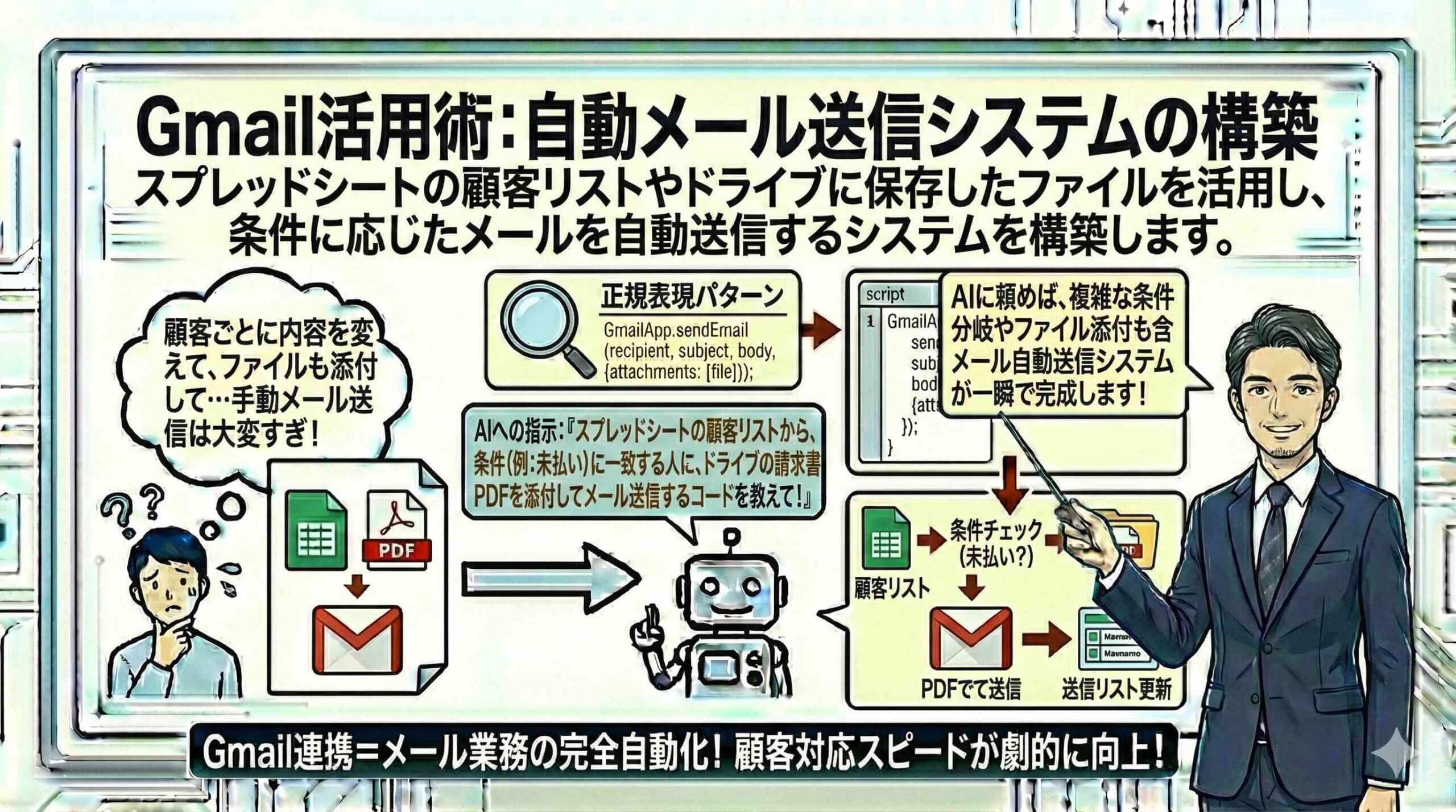 Gmail活用術：自動メール送信システムの構築を解説する男性