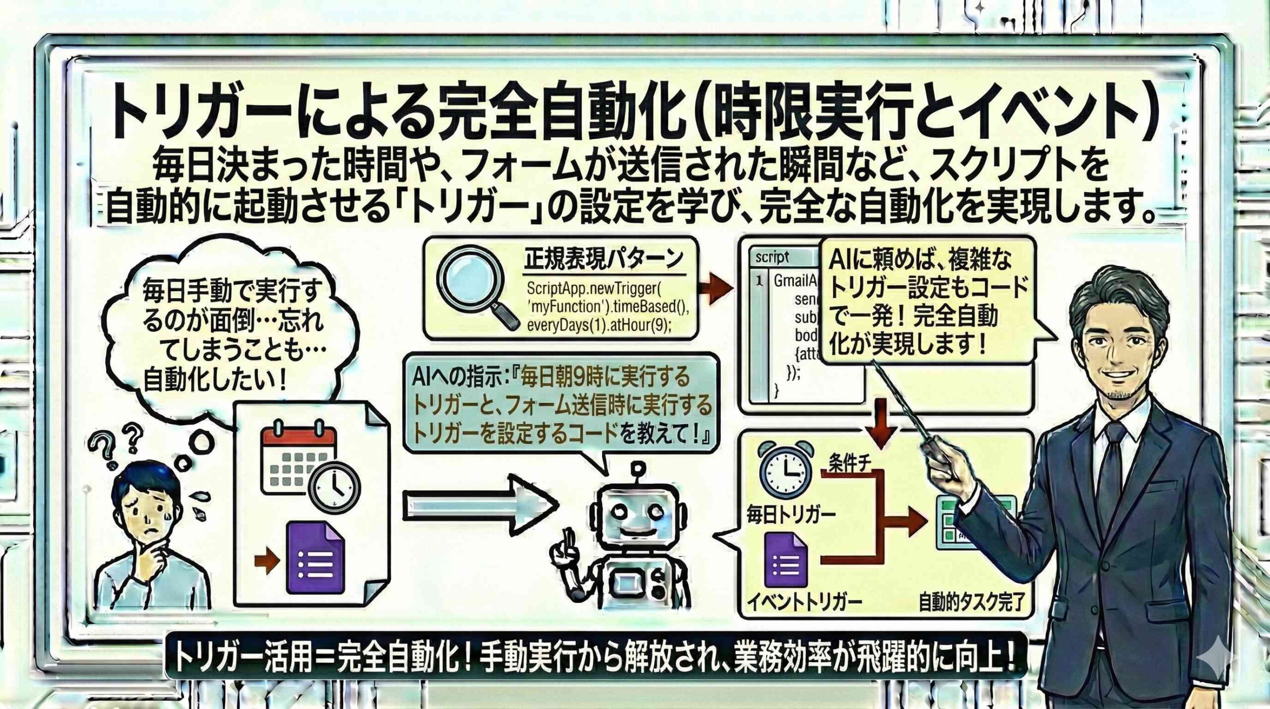 トリガーによる完全自動化（時限実行とイベント）を説明する男性