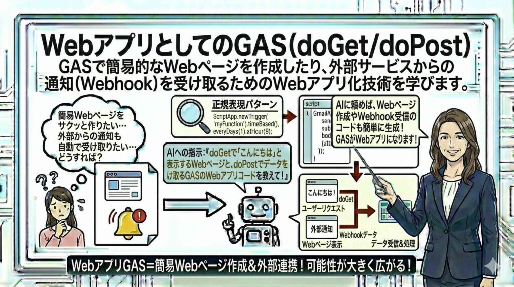 20260308_WebアプリとしてのGAS（doGet_doPost）を解説している女性