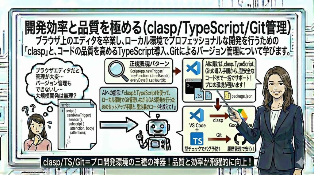 開発効率と品質を極める（clasp/TypeScript/Git管理）を図解する女性
