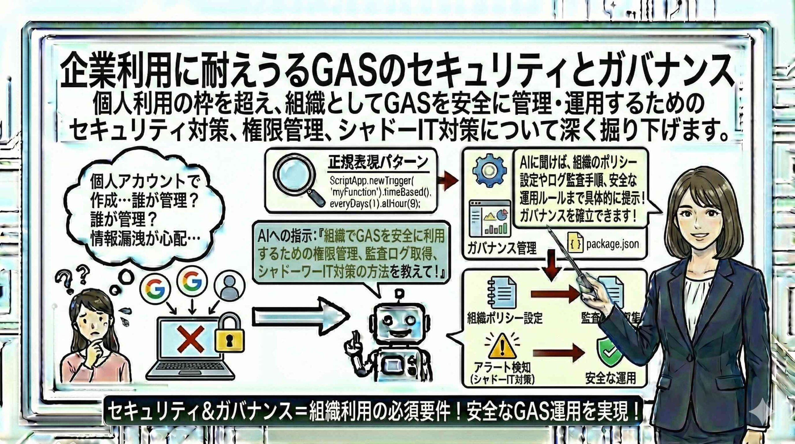 企業利用に耐えうるGASのセキュリティとガバナンスを解説する女性