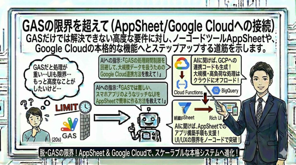 GASの限界を超えて（AppSheet-Google Cloudへの接続）を図解する男性