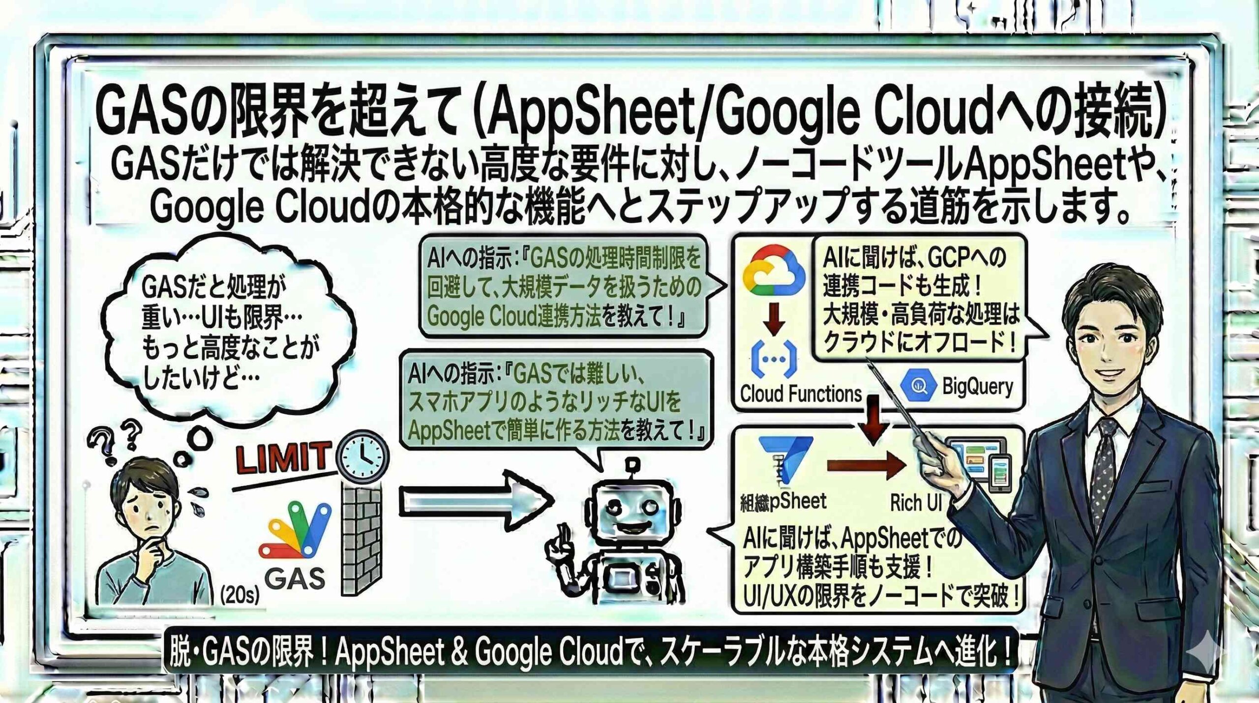 GASの限界を超えて（AppSheet-Google Cloudへの接続）を図解する男性