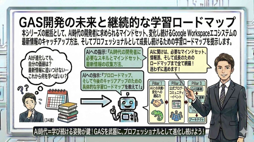 GAS開発の未来と継続的な学習ロードマップを図解している男性