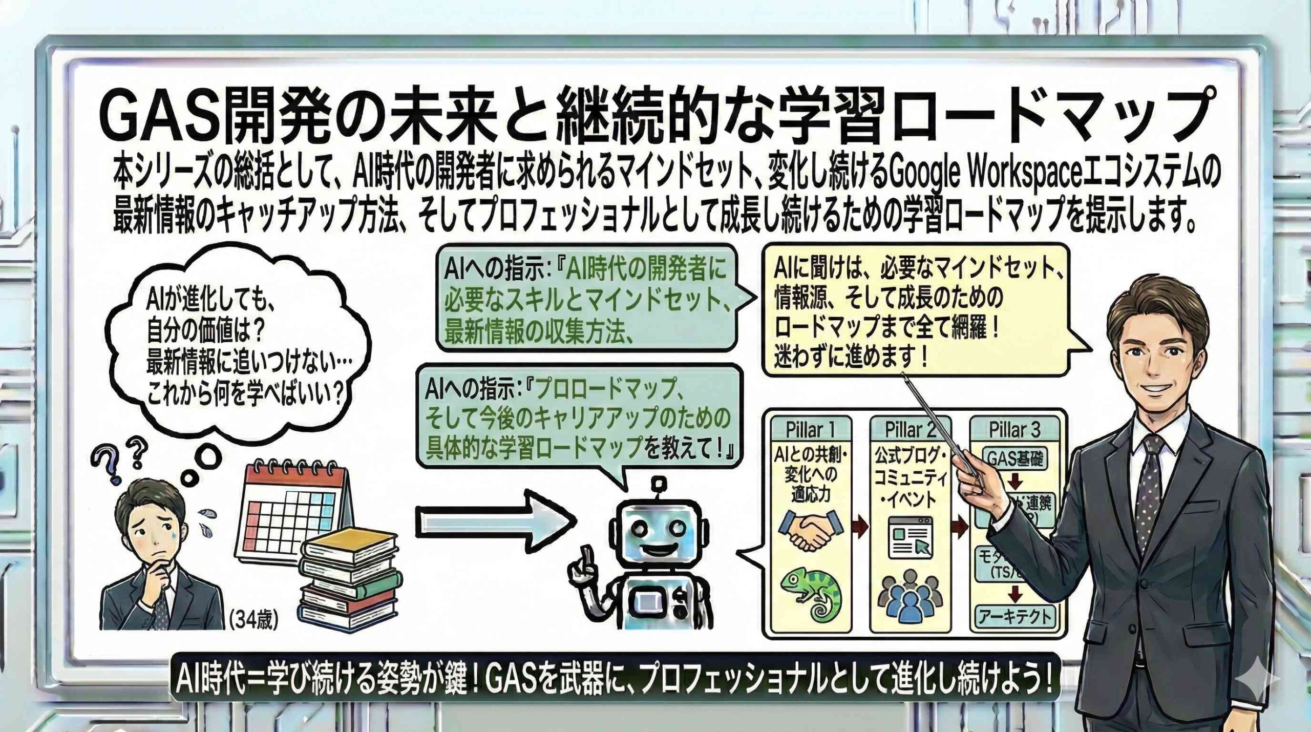 GAS開発の未来と継続的な学習ロードマップを図解している男性